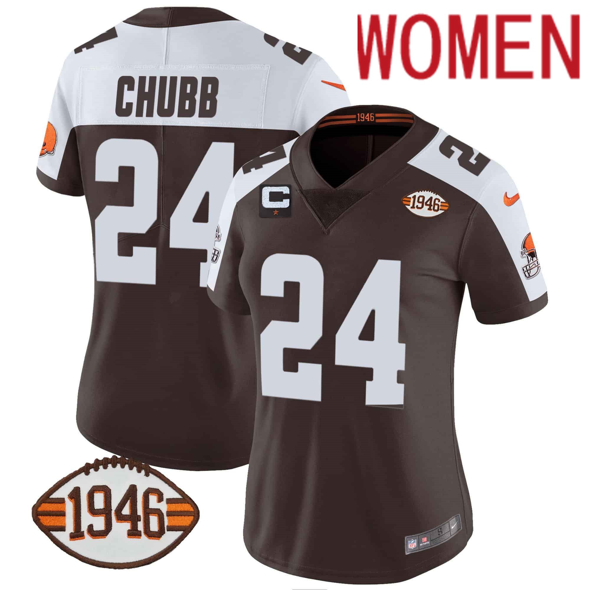 Women Cleveland Browns #24 Chubb Brown 1946 75th Anniversary Patch 2024 Nike NFL Jersey